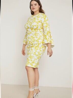 ELOQUII Flare Sleeve Scuba Dress Yellow White Floral Plus Size 22 Cottagecore